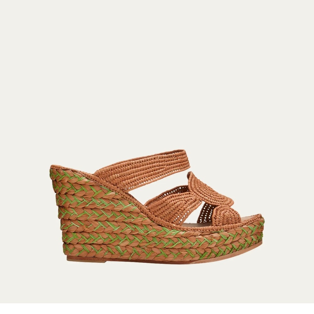 NWT Carrie Forbes Cello Raffia Wedge Sandals In Cognac Brown Size 8